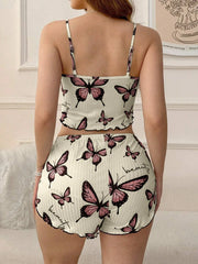 Blue Butterfly Print Ribbed Cami & Shorts Set - TEVQA