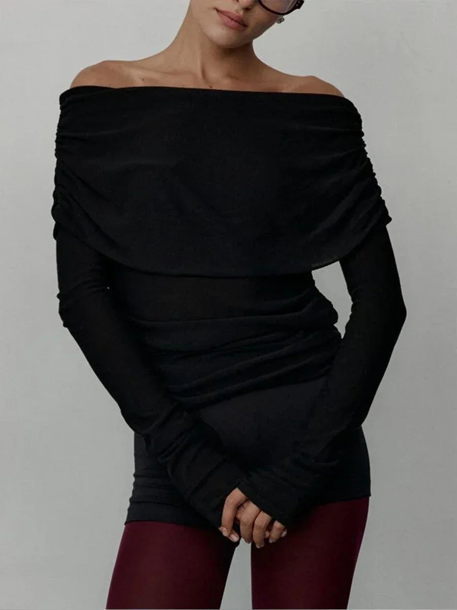 Sculpted Fold-Over Off-Shoulder Ribbed Knit Top - TEVQA