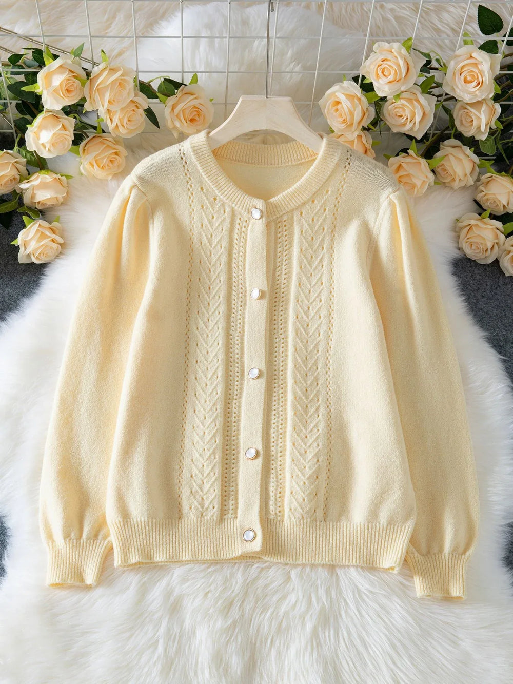 Vintage Pointelle Knit Cardigan - TEVQA