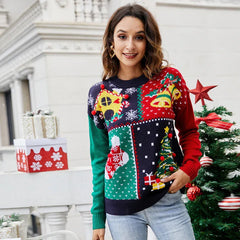 Woman in a Christmas sweater posing with a hand on her hip, showcasing the festive pattern.