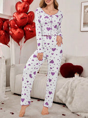 Ribbed Heart Print Pajama Set - View 33 | TEVQA