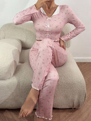 Tulip Floral Ribbed Henley Pajama Set - TEVQA