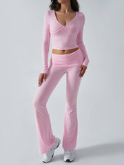 Balletcore V-Neck Crop Top & Fold-Over Flare Pants Set