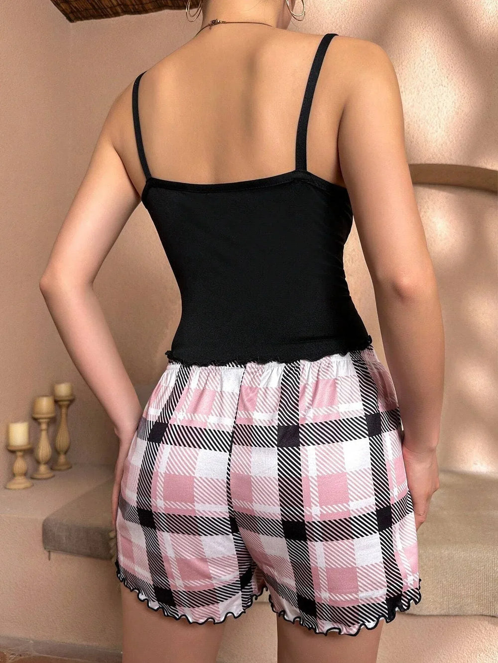 Coquette "Love" Graphic Cami & Plaid Shorts Set - TEVQA