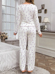 Ribbed Knit Floral Pajama Set - View 32 | TEVQA