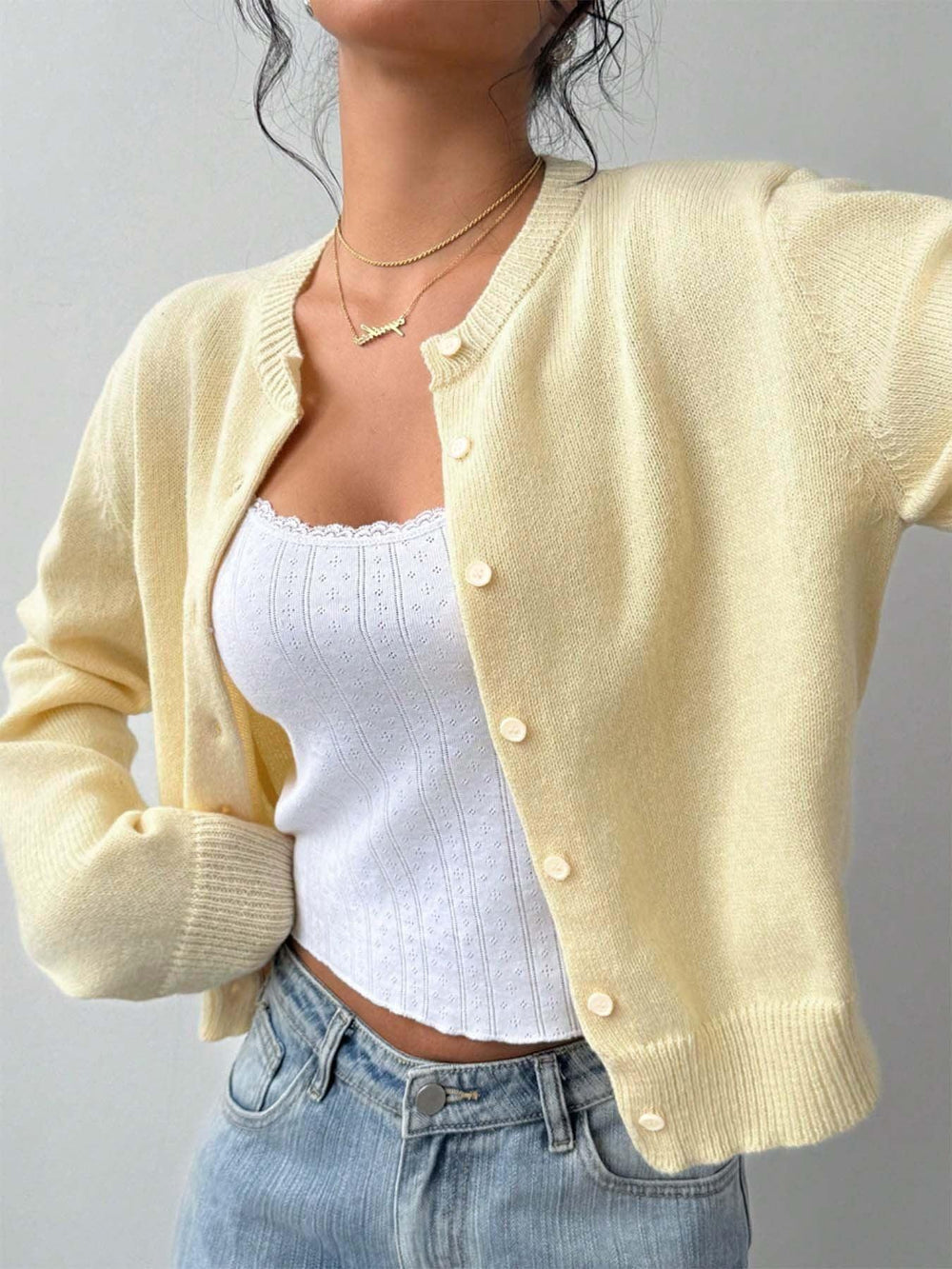 Soft knit crew neck cardigan - View 6 | TEVQA