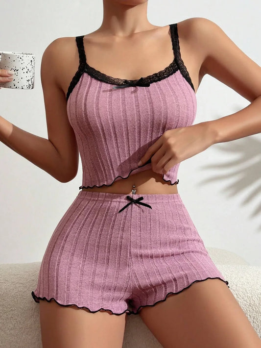 Pink Ribbed Cami & Shorts Set - TEVQA