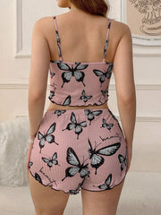 Blue Butterfly Print Ribbed Cami & Shorts Set