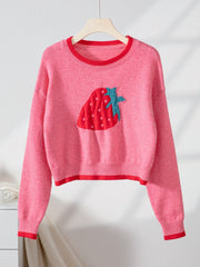 Sweet Strawberry Jacquard Crop Sweater