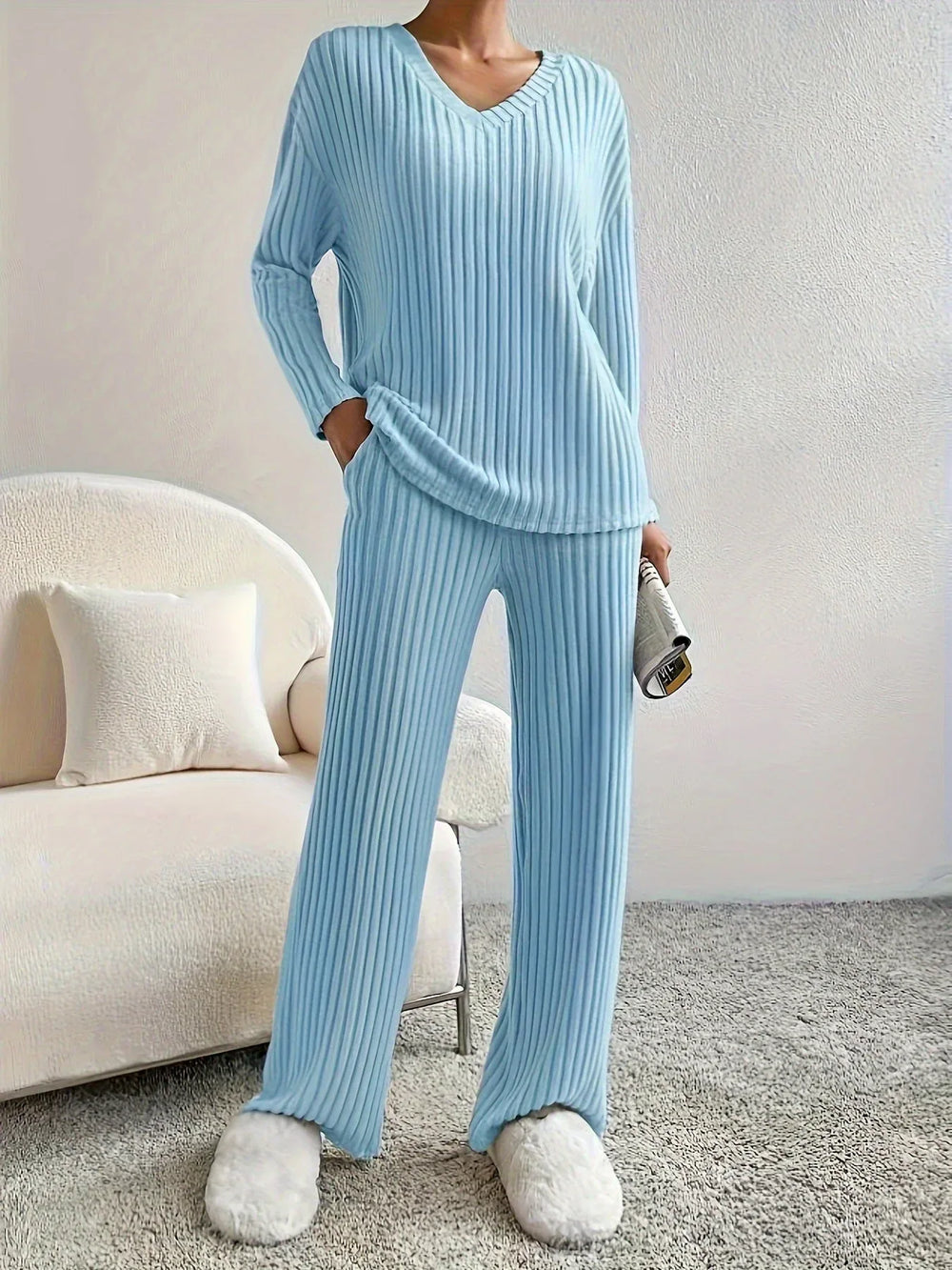 Serenity Blue Ribbed Knit Lounge Set - View 8 | TEVQA