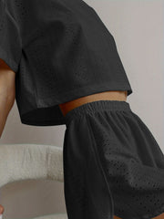 White Hollow Out Eyelet Lounge Set