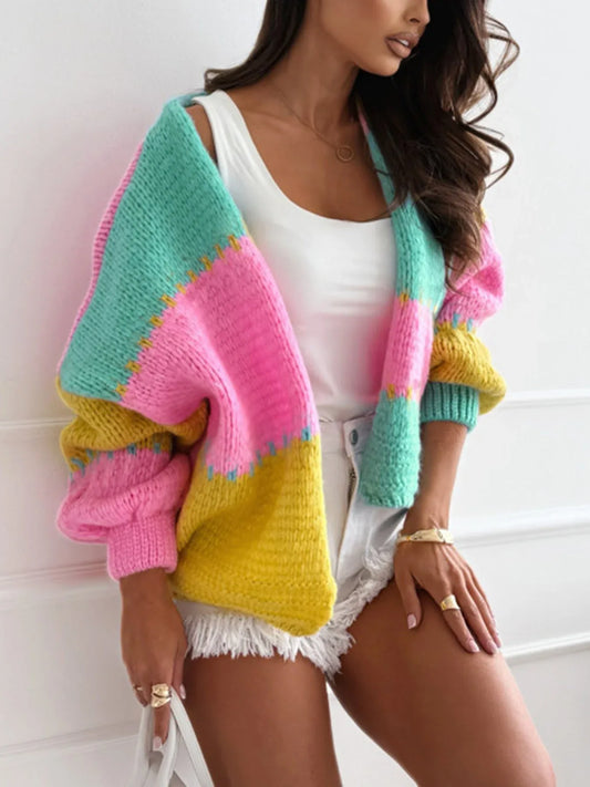 Vibrant Color Block Knit Cardigan - TEVQA