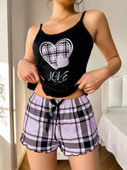 Plaid Heart Print Cami & Shorts Set - View 17 | TEVQA