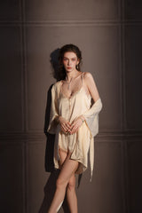 Sage Serenity | Lace Trim Satin 3-Piece Pajama Set