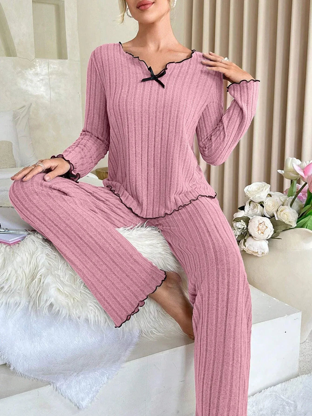 Coquette Contrast Trim Ribbed Pajama Set - TEVQA