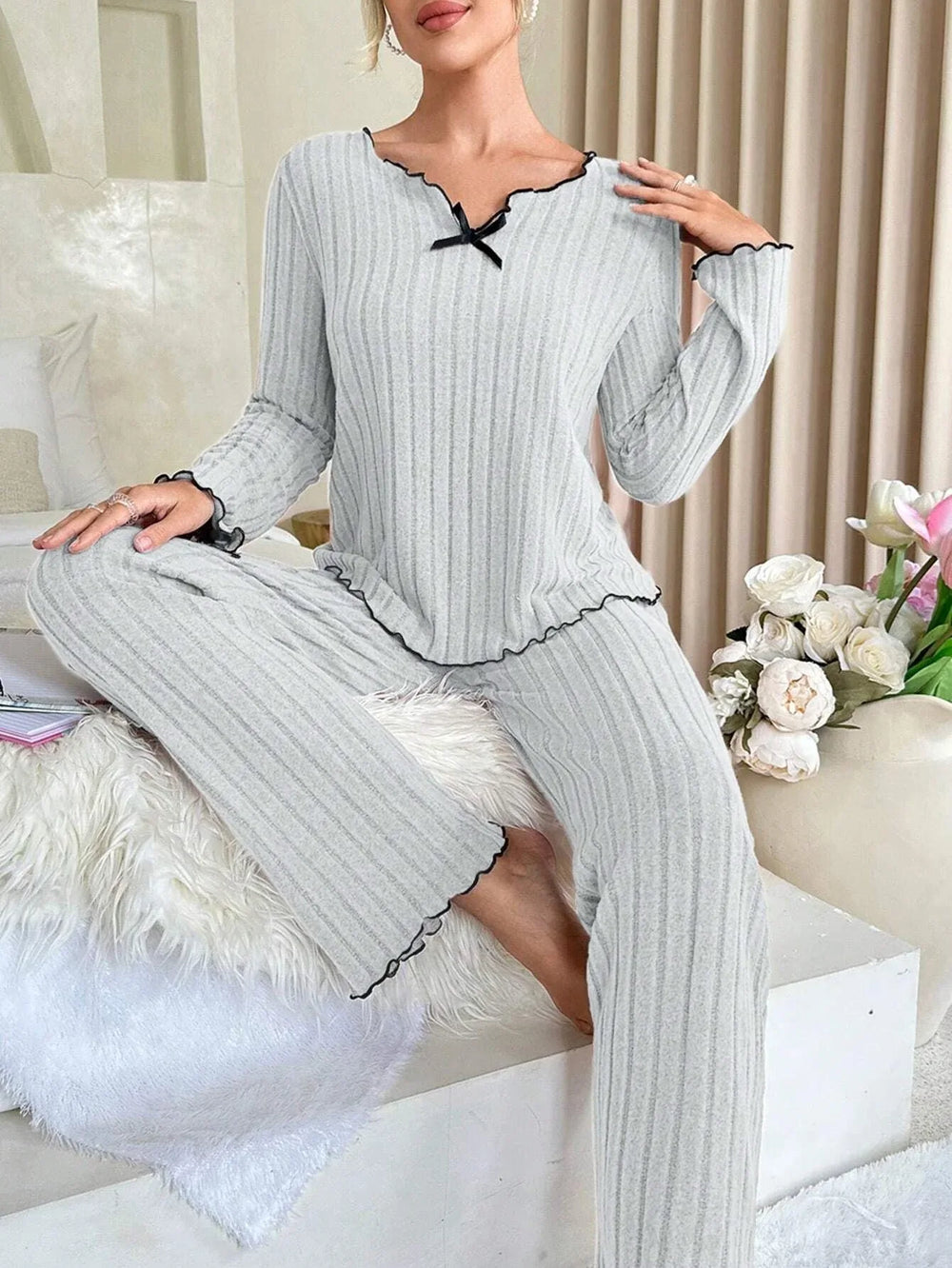 Coquette Contrast Trim Ribbed Pajama Set - TEVQA