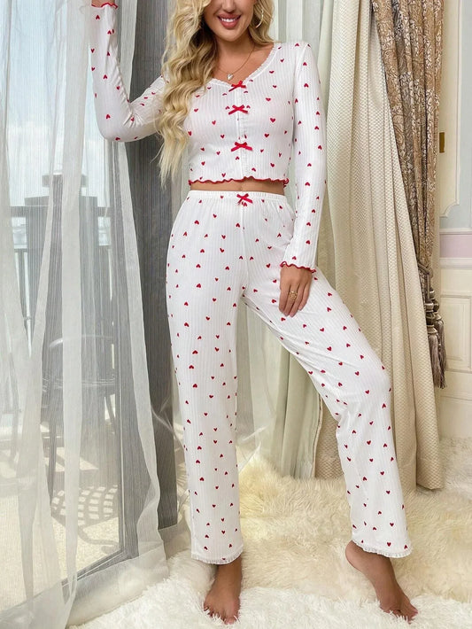 Coquette Red Heart Print Ribbed Pajama Set - TEVQA