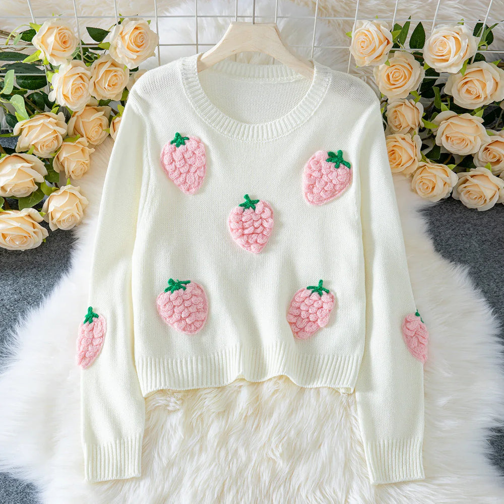 Cream knit sweater with 3D strawberry appliques - View 7 | TEVQA