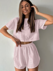 White Hollow Out Eyelet Lounge Set