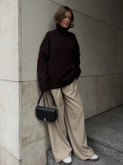 Effortless Oversized High-Neck Ribbed Knit Sweater - TEVQA