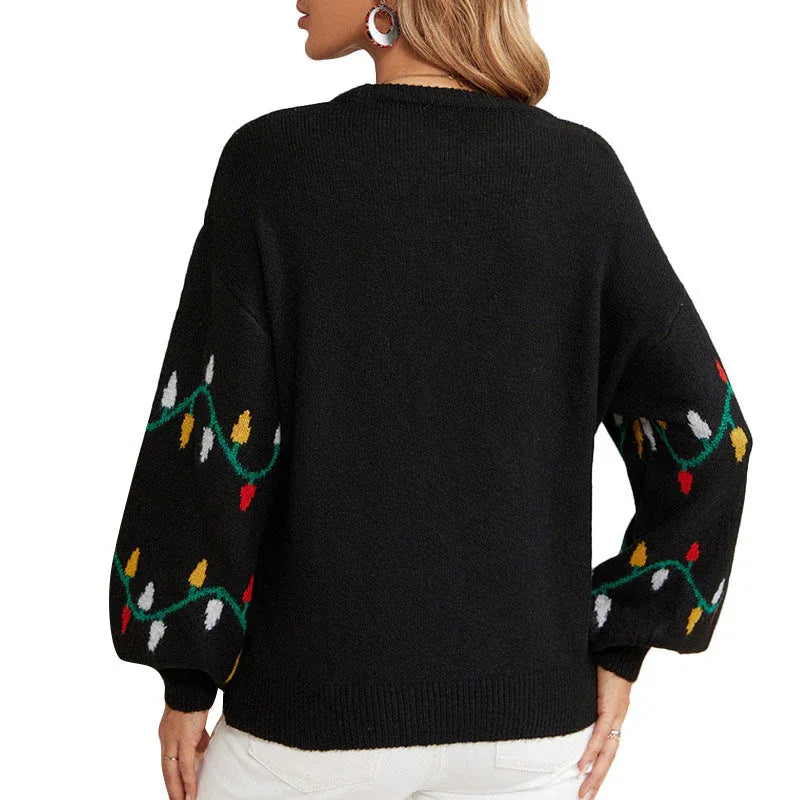 Back view of a woman wearing a black knitted sweater with a Christmas lights pattern