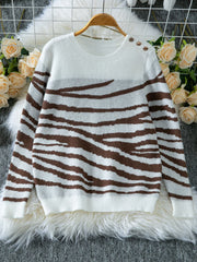 Elegant Zebra Print Crew Neck Sweater