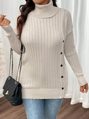Vanilla Cream Side Button Turtleneck Sweater - TEVQA