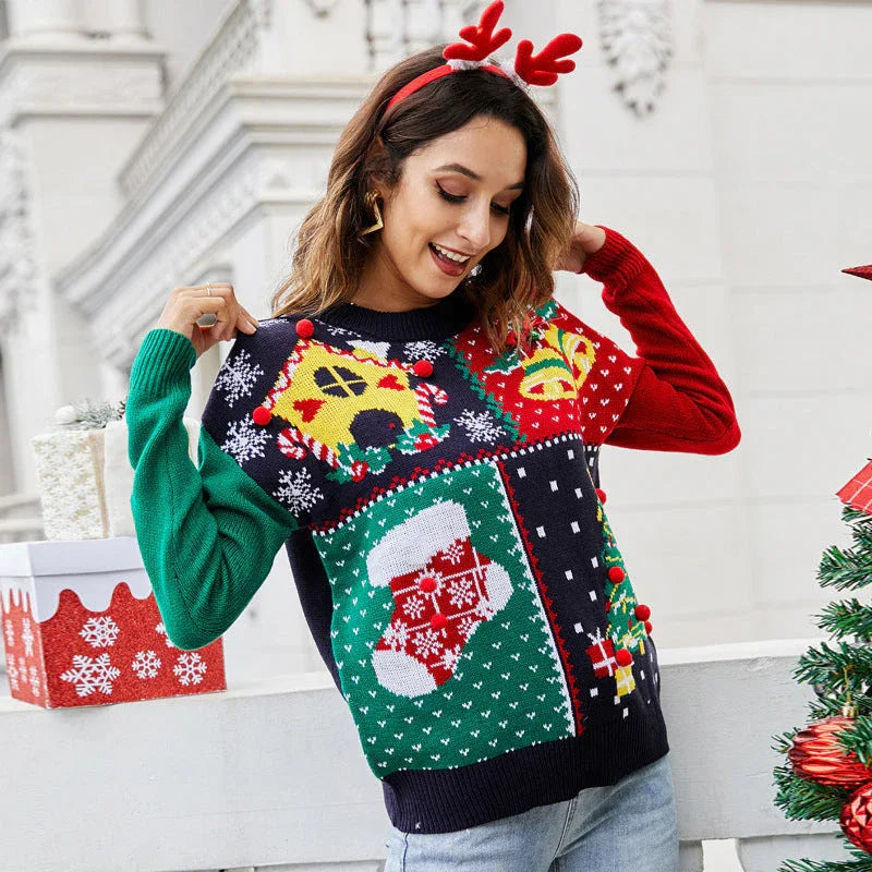 Woman in a Christmas sweater adjusting the neckline, highlighting the various holiday motifs.