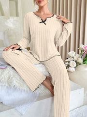 Coquette Contrast Trim Ribbed Pajama Set - TEVQA