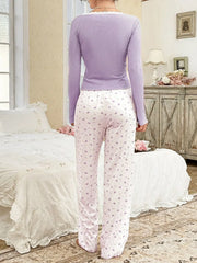 Ribbed knit pajama set with lace trim henley top and crown print bottoms - View 31 | TEVQA