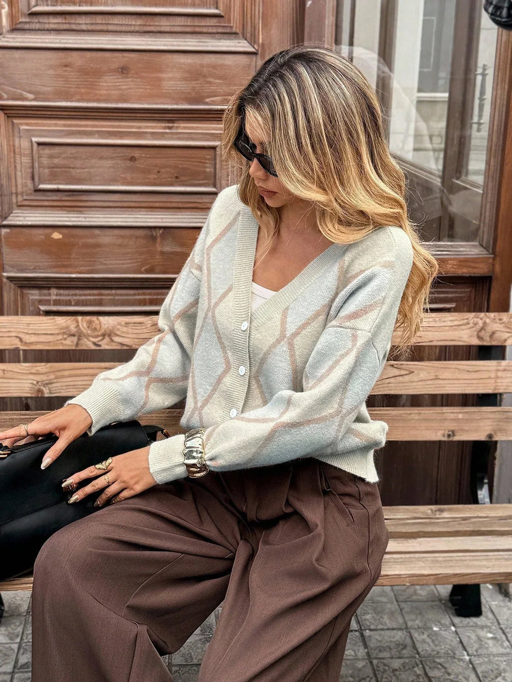 Vintage Soft Argyle V-Neck Knit Cardigan - TEVQA