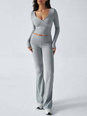Balletcore V-Neck Crop Top & Fold-Over Flare Pants Set