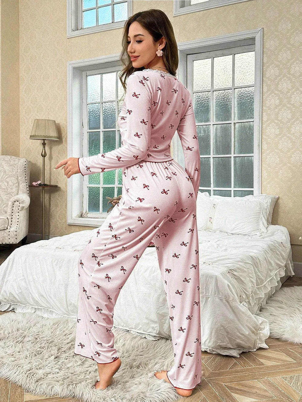 Ribbed pajama set with bow print and v-neckline - View 8 | TEVQA