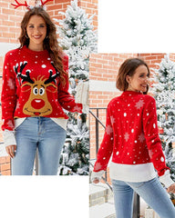 Front and back view of a woman wearing a red knit sweater with a reindeer graphic and snowflakes