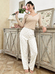 Ribbed knit pajama set with lace trim henley top and crown print bottoms - View 16 | TEVQA