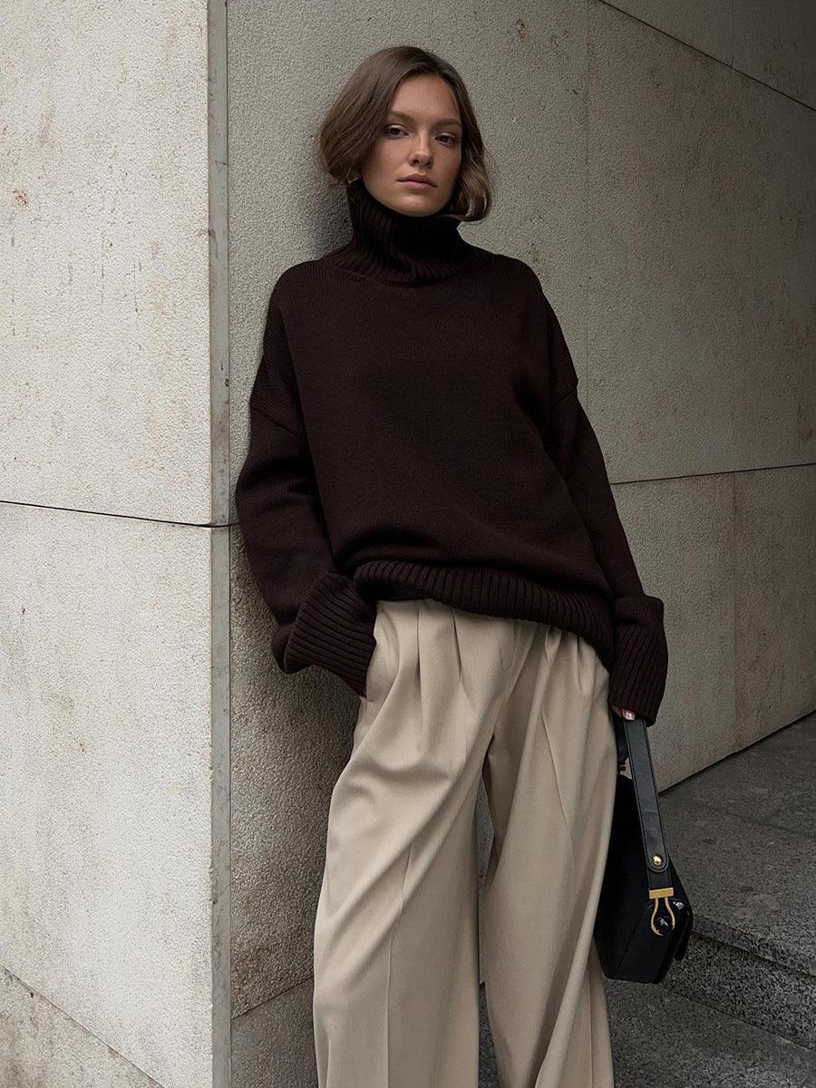 Effortless Oversized High-Neck Ribbed Knit Sweater - TEVQA