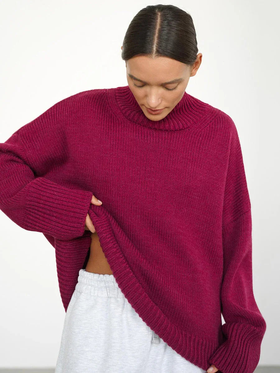 Effortless Oversized High-Neck Ribbed Knit Sweater - TEVQA