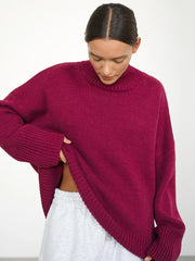 Effortless Oversized High-Neck Ribbed Knit Sweater - TEVQA