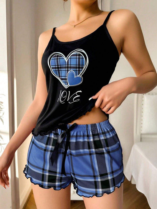 Plaid Heart Print Cami & Shorts Set - TEVQA
