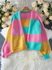 Vibrant Color Block Knit Cardigan - TEVQA