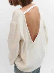 Open-Back 100% Cotton Heavyweight Knit Sweater - TEVQA