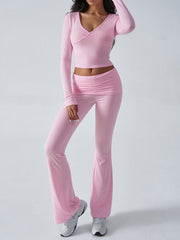 Balletcore V-Neck Crop Top & Fold-Over Flare Pants Set