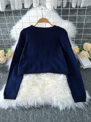Cropped sweater with white bow graphic on navy blue background - View 6 | TEVQA