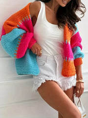 Vibrant Color Block Chunky Knit Cardigan - TEVQA