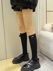 3D Monster Doll Ribbed Knee High Socks Black