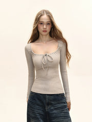 Square Neck Ribbed Knit Front Tie Long Sleeve Top