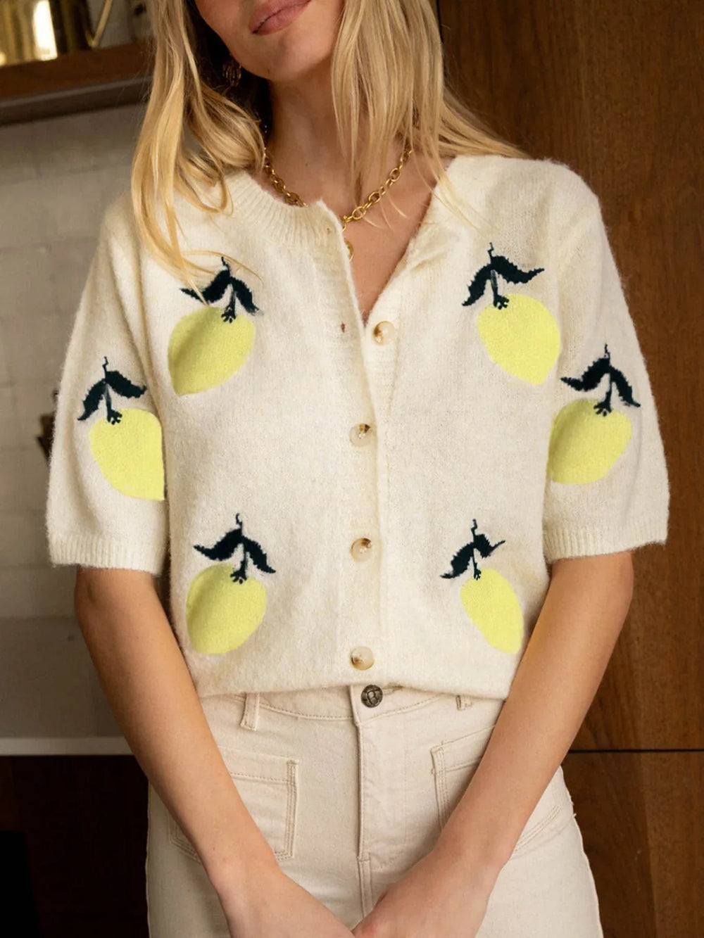 Fresh Lemon Fruit Print Short Sleeve Cardigan - TEVQA