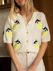 Fresh Lemon Fruit Print Short Sleeve Cardigan - TEVQA