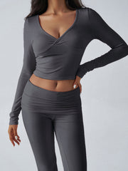 Balletcore V-Neck Crop Top & Fold-Over Flare Pants Set