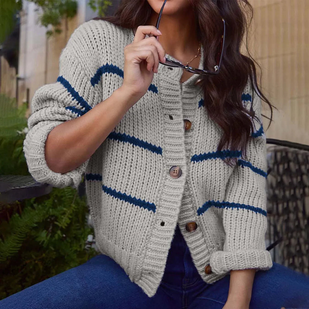 Classic striped crew neck cardigan - View 7 | TEVQA